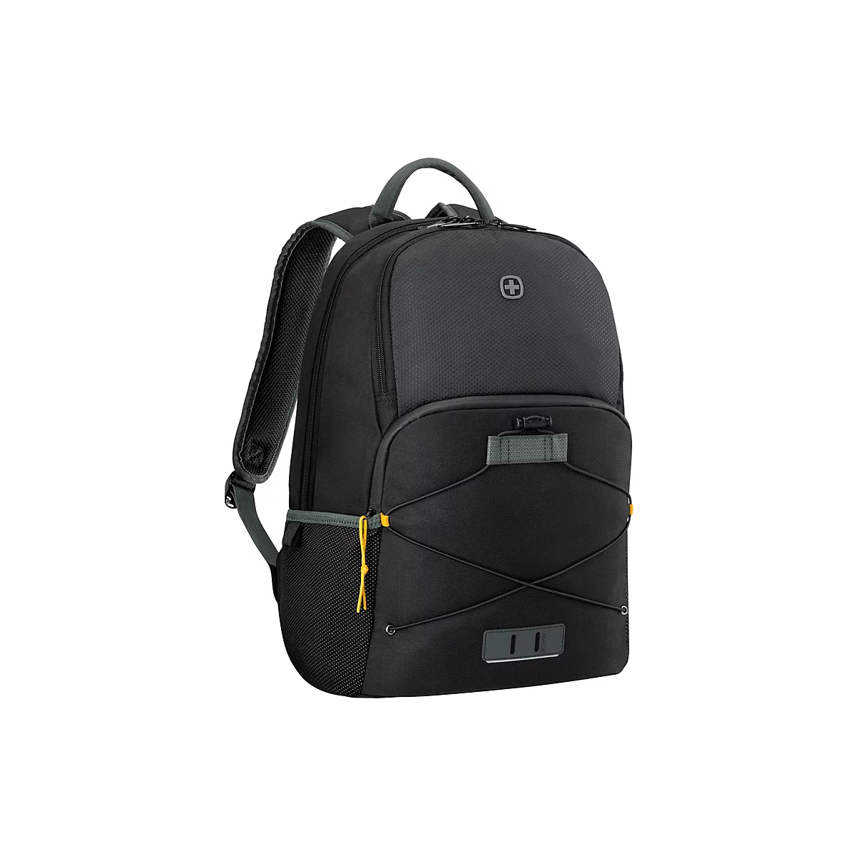 Schwarzer Rucksack mit dunkelgrauen und gelben Akzenten. Oben befindet sich ein Griff, auf der Front das Logo.