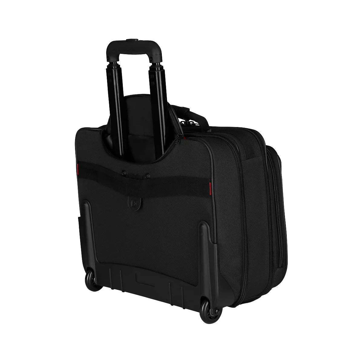 Black trolley, photographed from the back. The handle is extended, the piece of luggage has two wheels.
