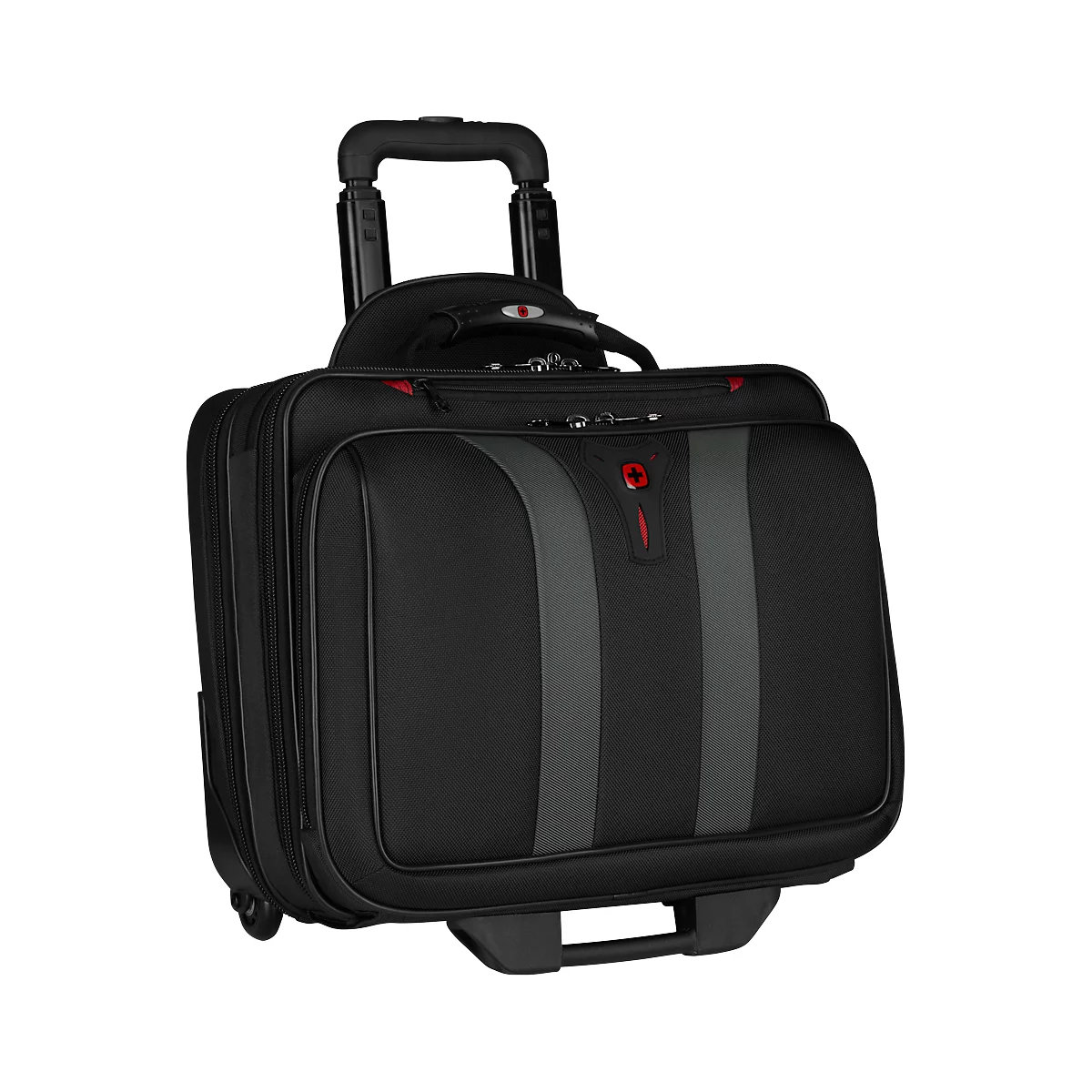 Black rolling briefcase with gray stripes and red logo.