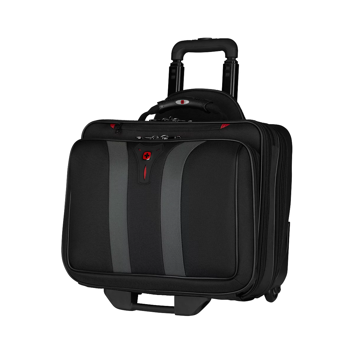 Black rolling laptop bag with gray accents, red logo, and extendable handle.
