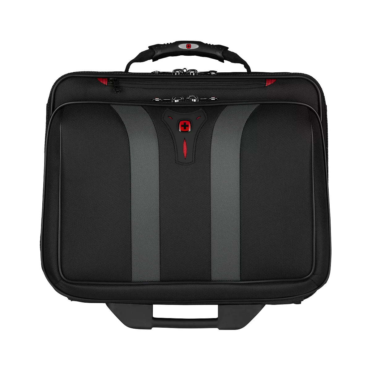 Black trolley laptop bag with grey stripe design, red logo and handle.