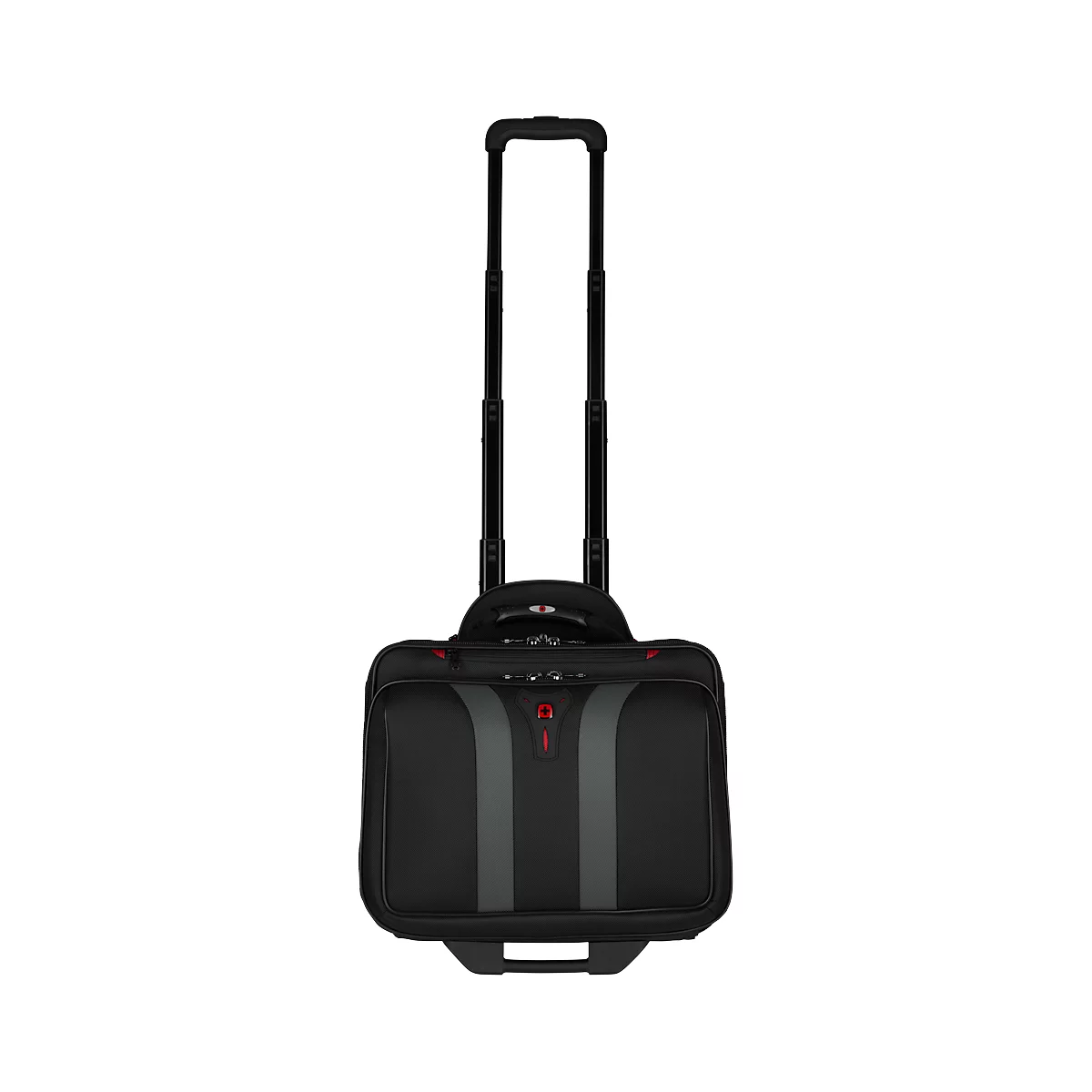 Black laptop bag with telescopic handle and gray stripes. Red accents.