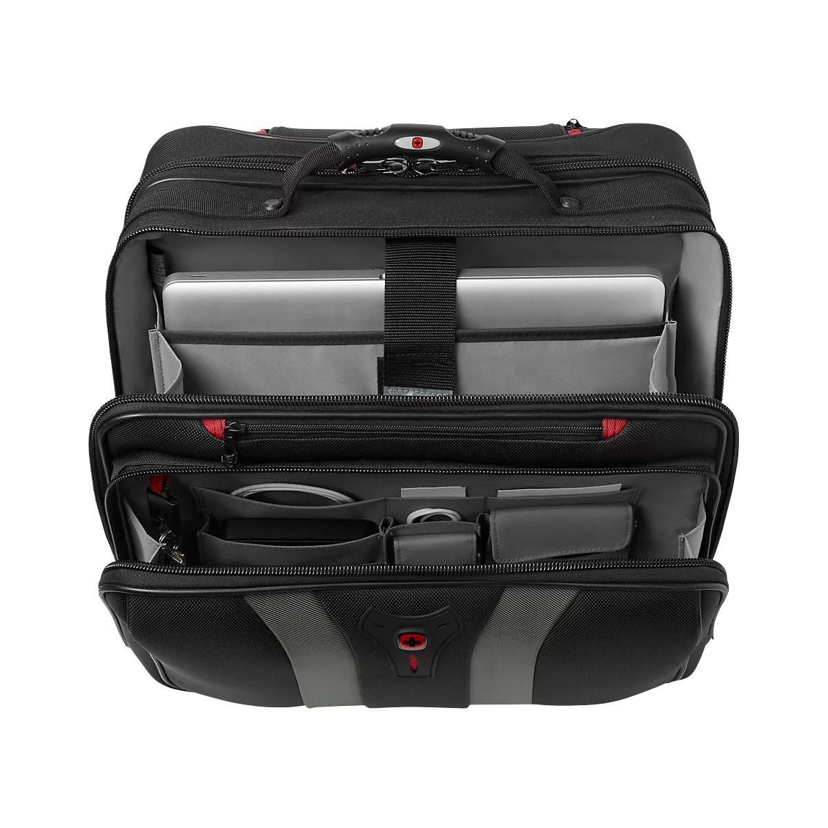 Open black laptop bag. Inside is a laptop, cables and accessories. Grey and red accents.