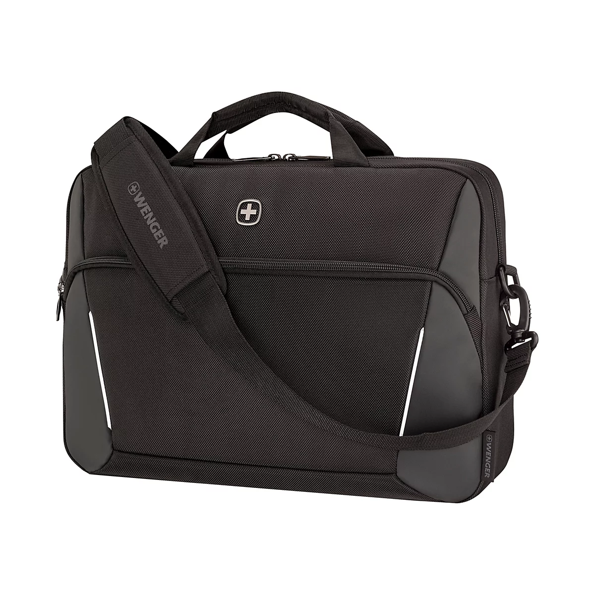 Schwarze Laptoptasche mit Tragegriff, Schultergurt, Reißverschlüssen und Wenger Logo. Vor weißem Hintergrund.