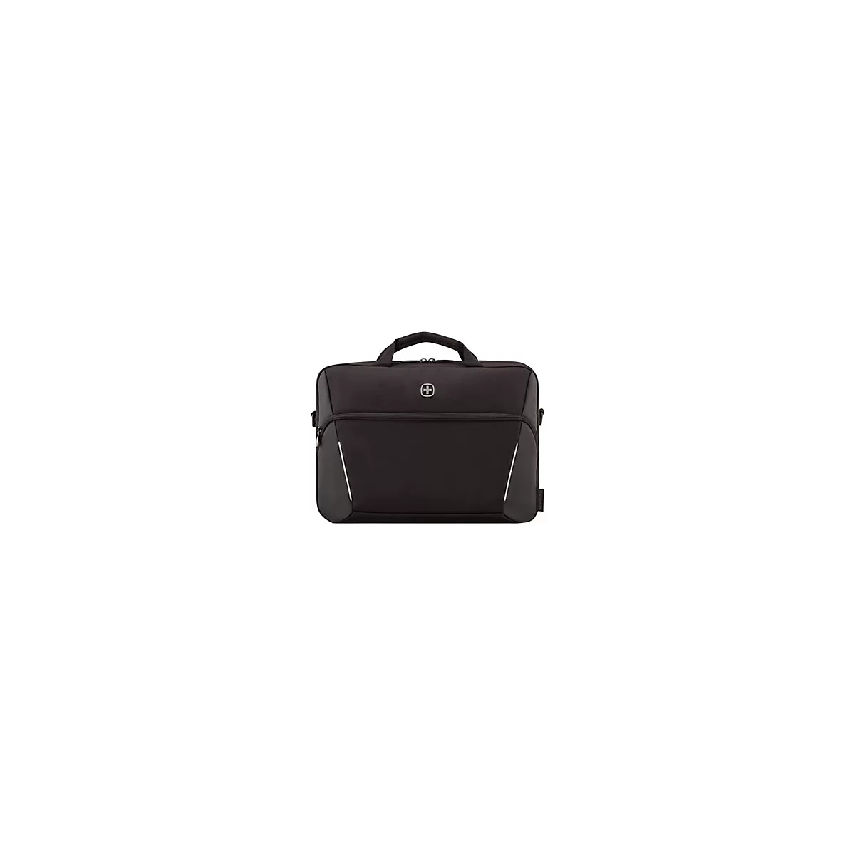 Schwarze Laptoptasche von Wenger mit Tragegriff und Schweizer Kreuz Logo auf neutralem Hintergrund.