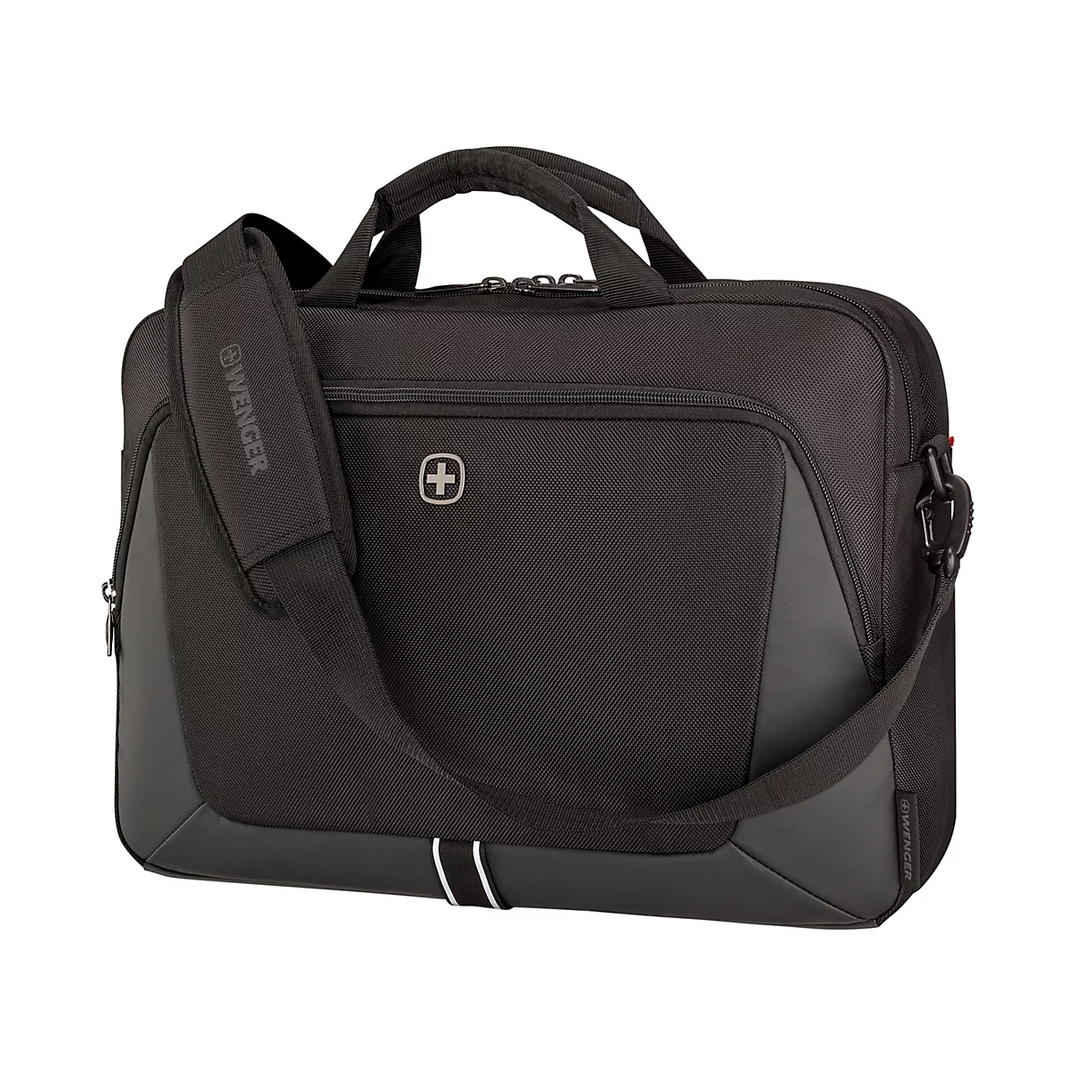 Schwarze Laptoptasche von Wenger mit Schultergurt, Tragegriff und Logo.