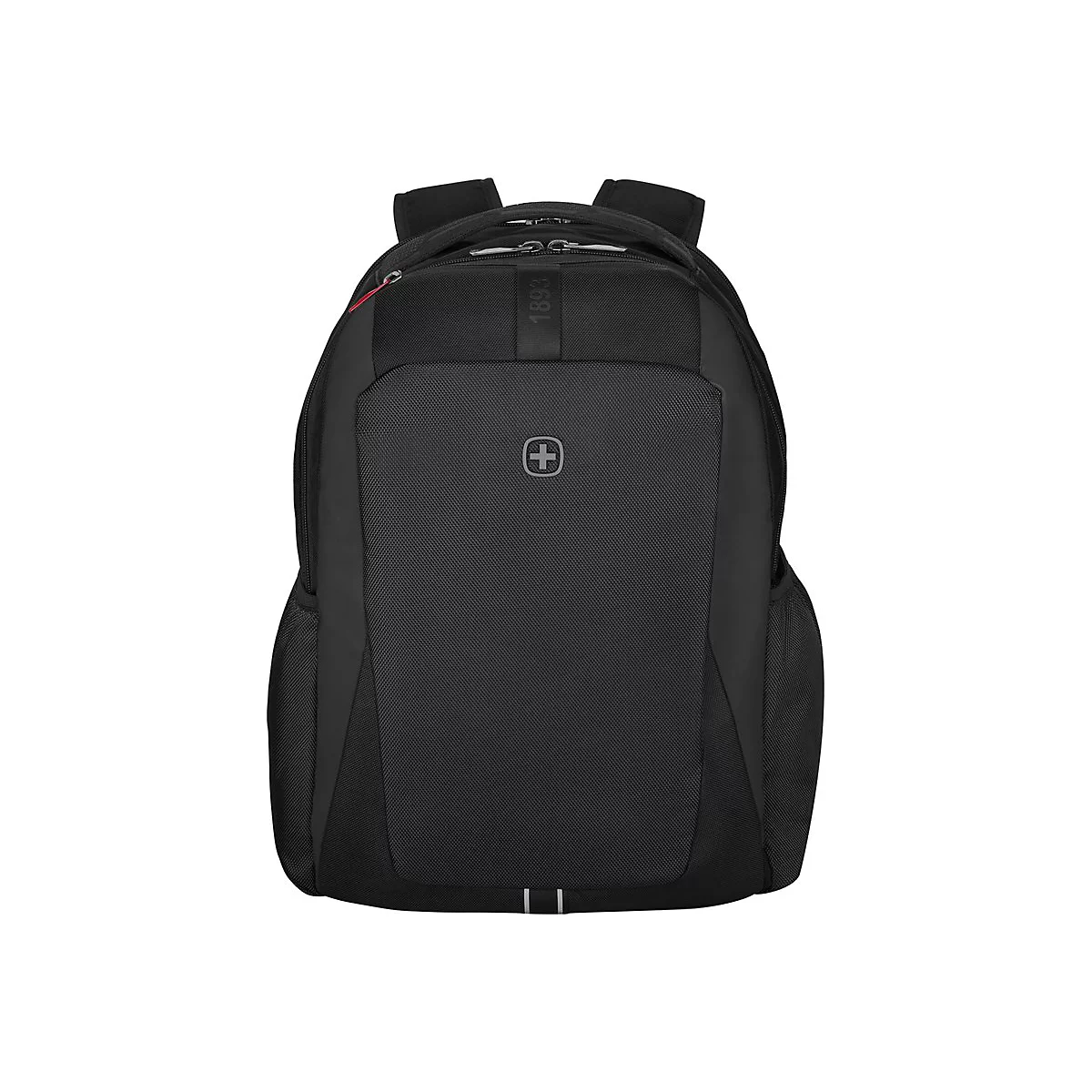 Schwarzer Rucksack mit rotem Reißverschluss und dem Schweizer Kreuzlogo.