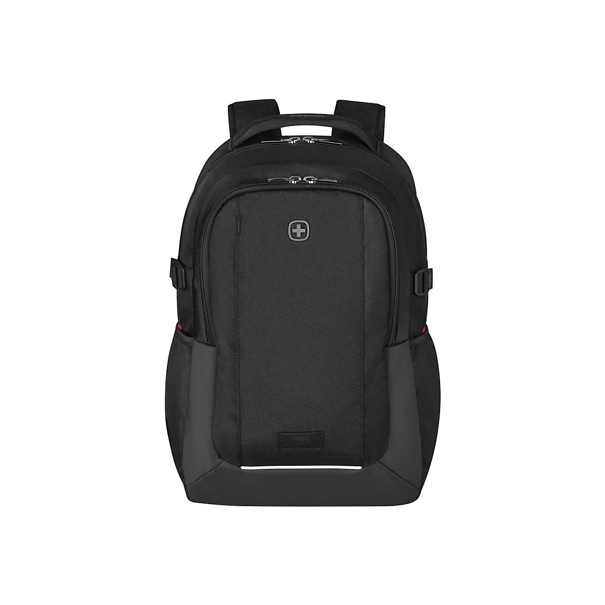 Schwarzer Rucksack mit roter Akzentfarbe. Vorne befindet sich das Wenger-Logo.