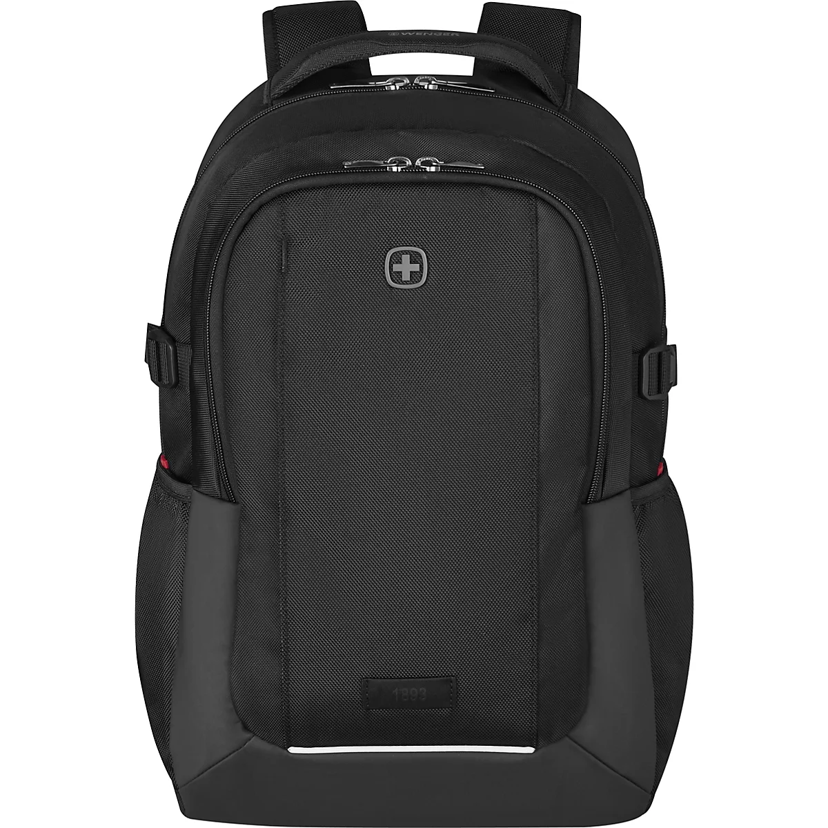 Schwarzer Rucksack mit Reißverschlüssen, Schultergurten und dem Logo von Wenger. Mit der Jahreszahl "1893".