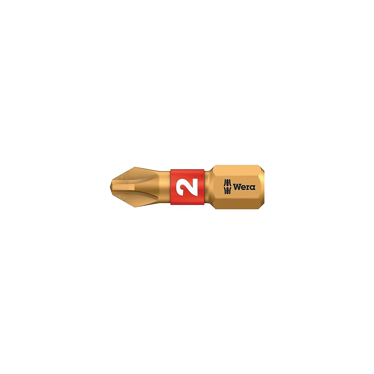 Goudkleurige schroevendraaierbit met rode band, opschrift "2" en het Wera-logo.