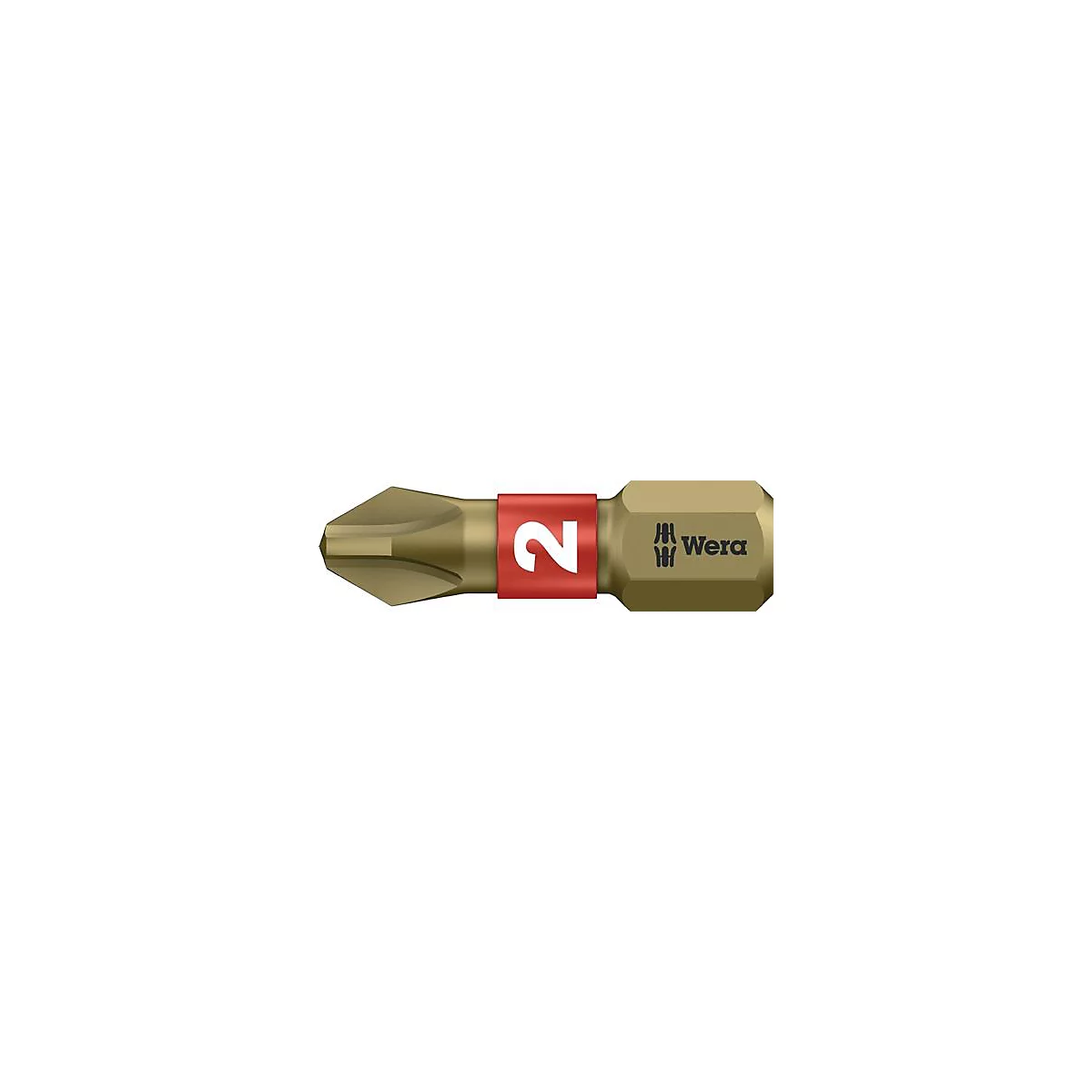 Embout de tournevis doré avec anneau rouge. Le chiffre blanc 2 sur l'anneau. 'Wera' est écrit au bout.