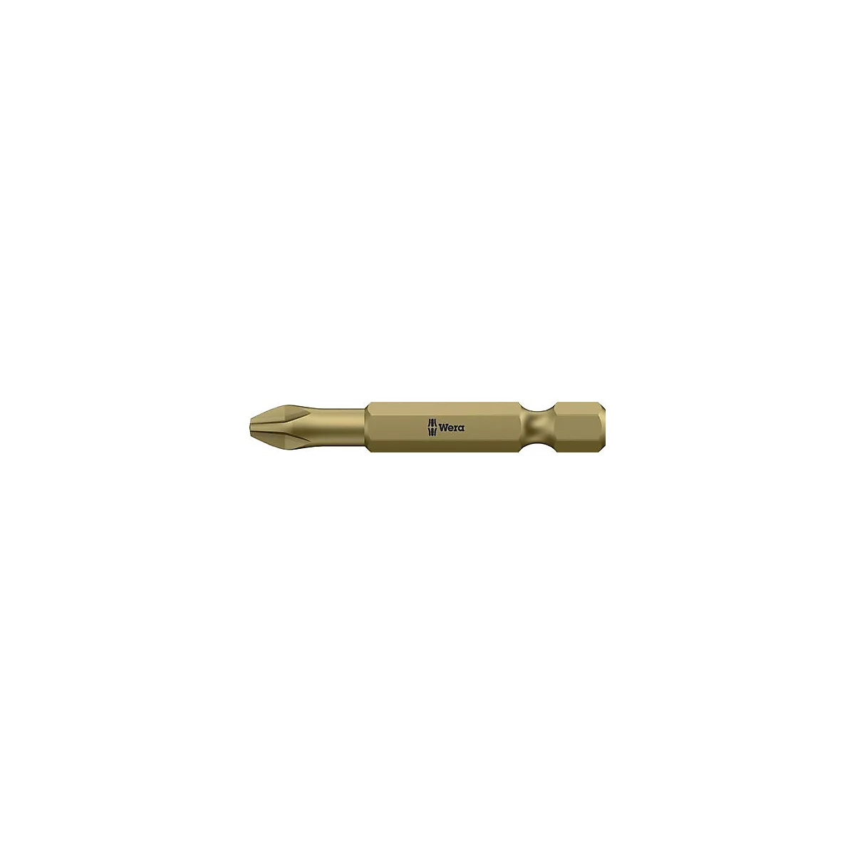 Nahaufnahme eines goldenen Schraubendreher-Bits mit dem Logo "Wera". Das Bit hat eine Kreuzschlitz-Spitze.