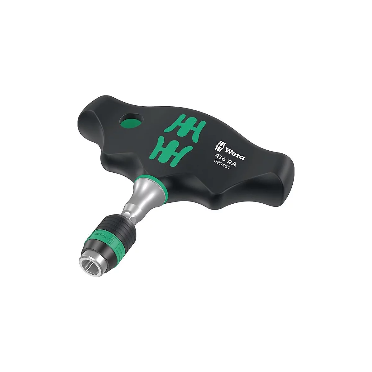Zwarte T-greep ratelsleutel met groene accenten en "Wera" logo.