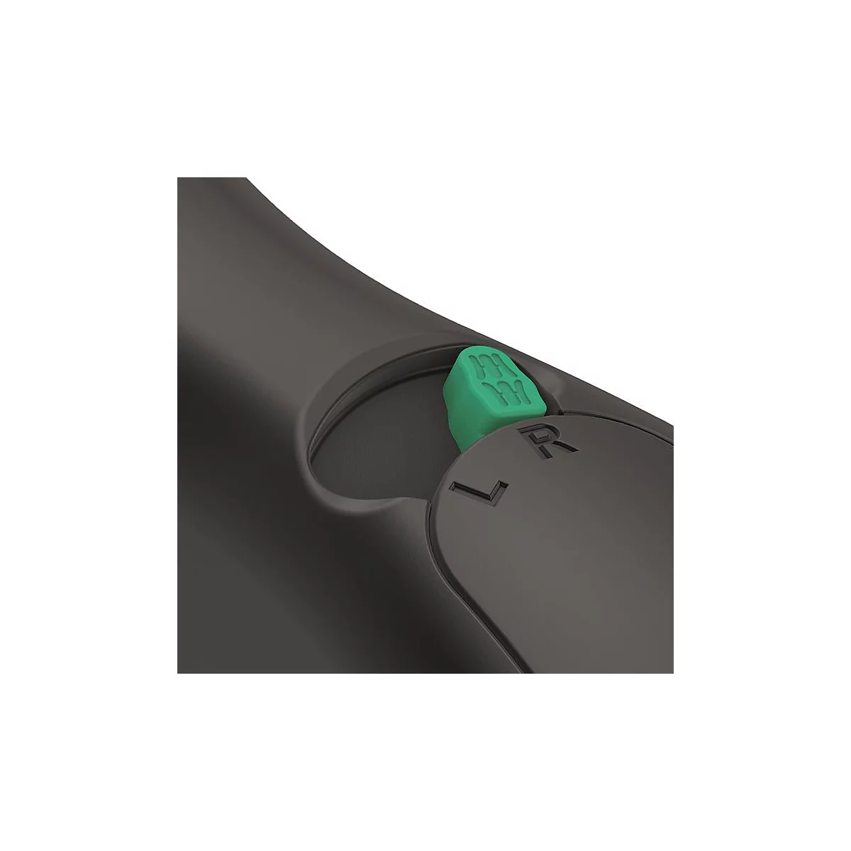 Close-up van een zwart apparaat met een groene knop met de letters L en R.
