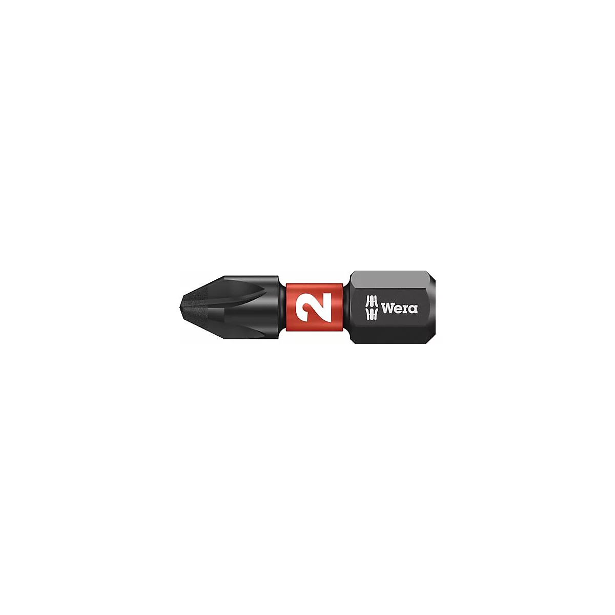 Een zwarte schroevendraaierbit met een rood middengedeelte. Op het rode deel staat het witte nummer "2", daarnaast het "Wera" logo en de letters.