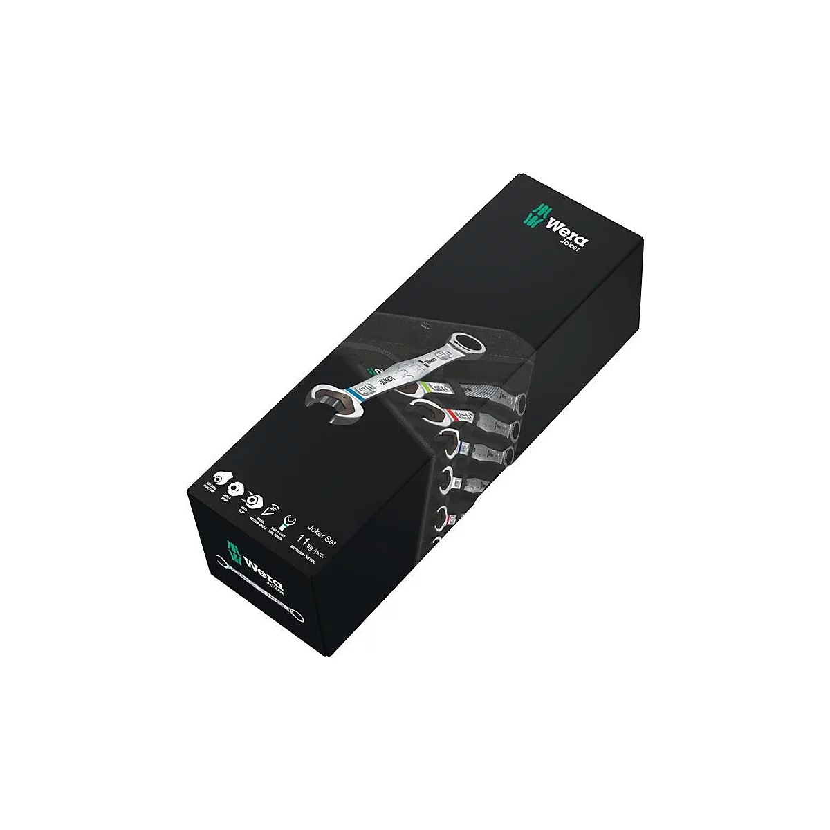 Boîte noire contenant un jeu d'outils Wera Joker. Une sélection des clés incluses est illustrée sur la boîte.