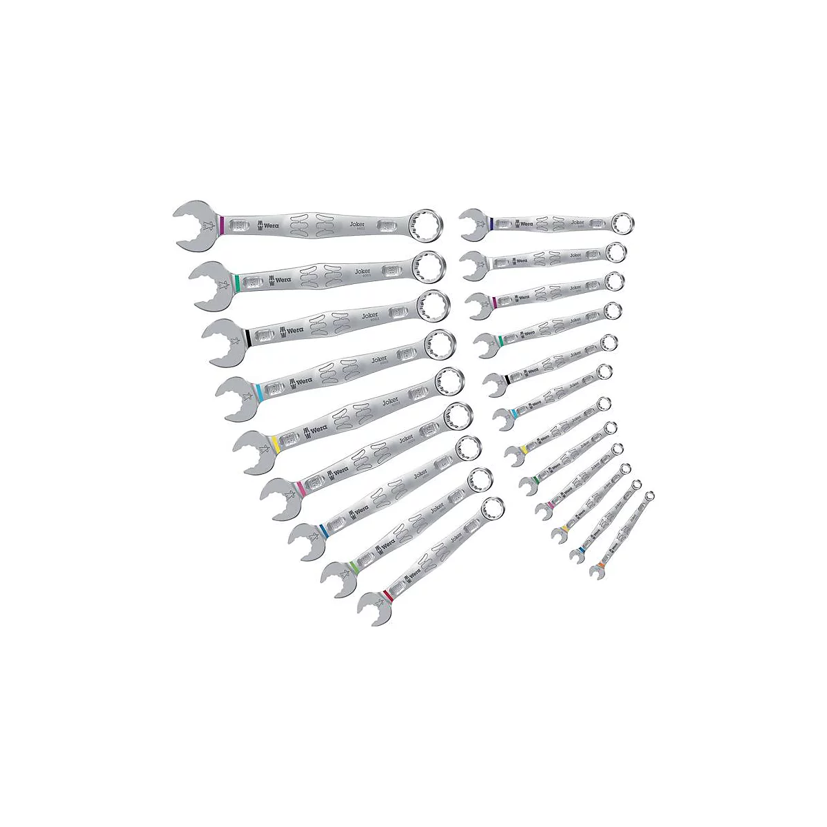 Eine Ansammlung von Schraubenschlüsseln in verschiedenen Größen und Farben. Auf jedem Schlüssel ist das Wort "Joker" zu sehen.