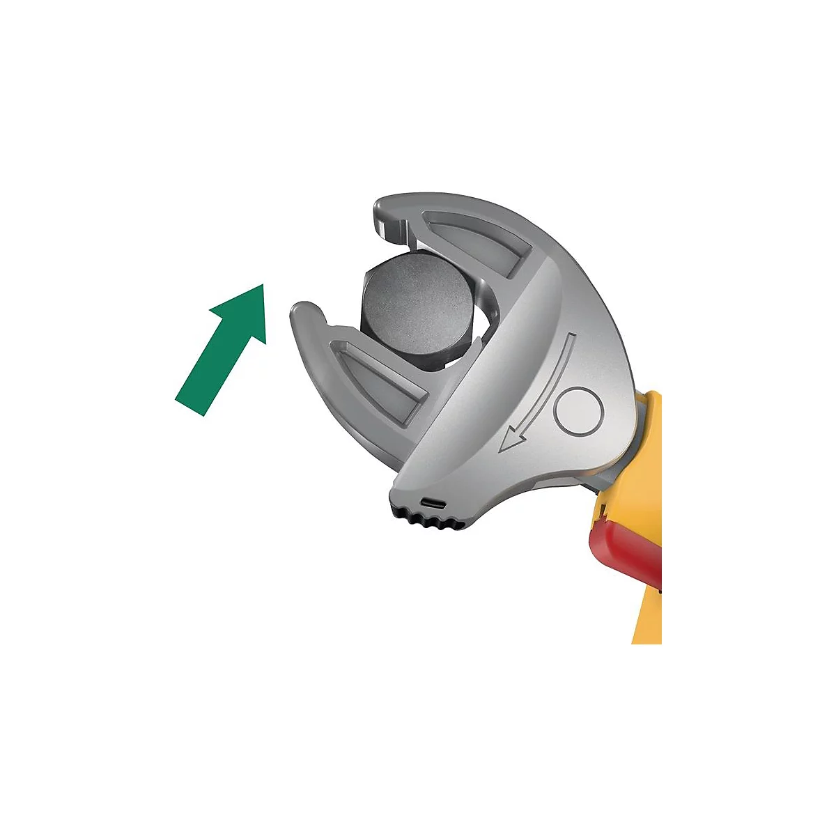 Nahaufnahme einer Metallzange, die eine Schraube umfasst. Ein grüner Pfeil zeigt die Richtung des Drehmoments an.