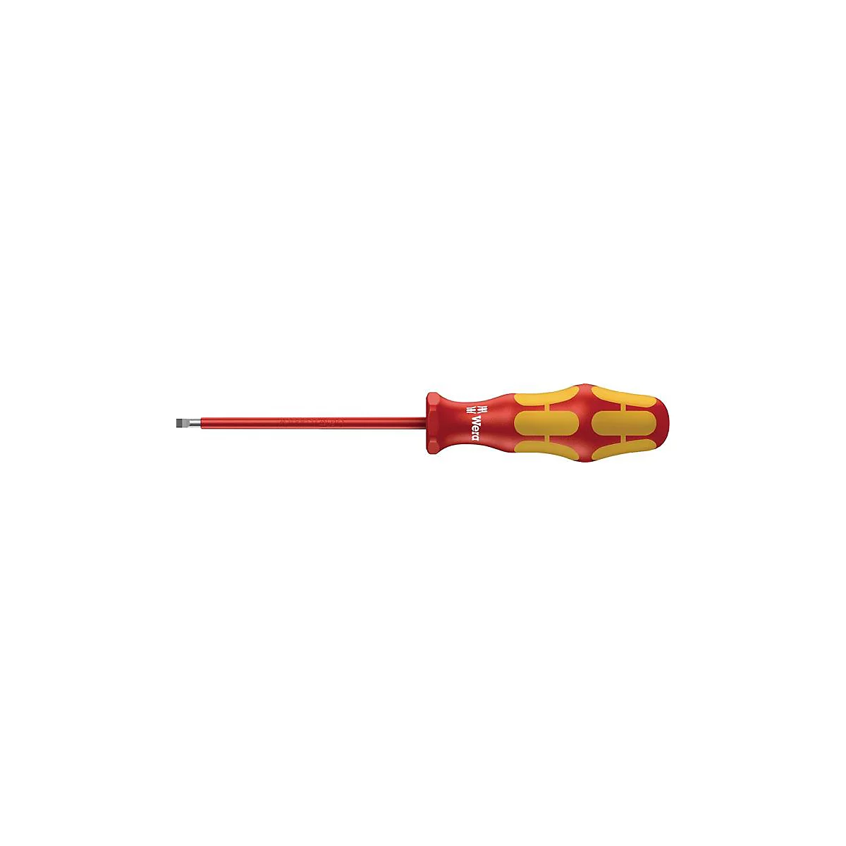 Un tournevis rouge avec un manche jaune et rouge. L'outil est horizontal. Le logo Wera est visible sur le manche.