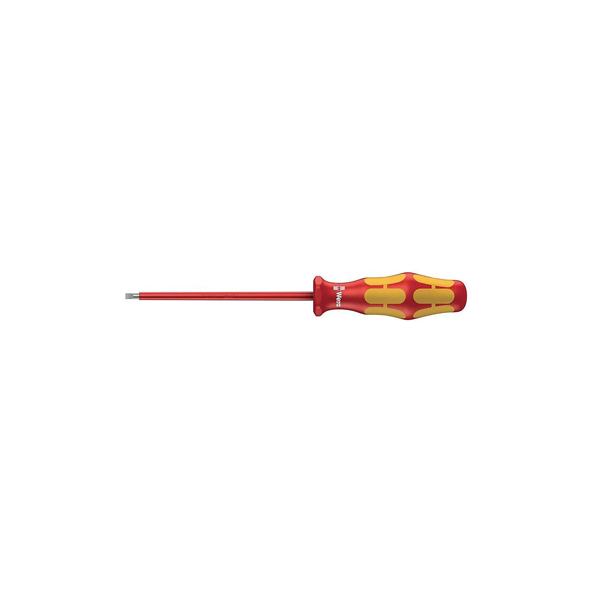 Tournevis rouge avec manche jaune-rouge. Sur le manche, on peut lire 'Wera'.