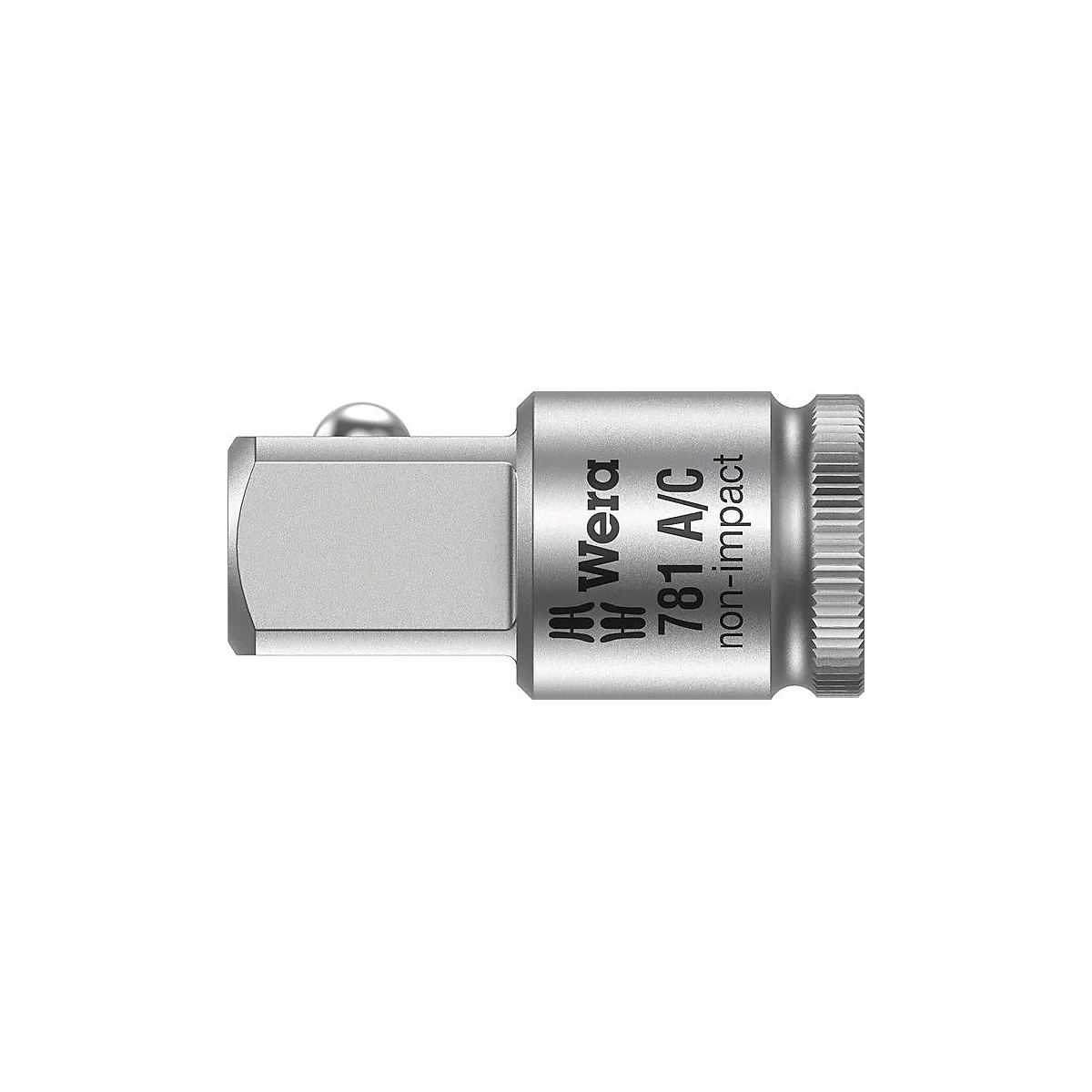 Een zilveren adapter met de tekst "Wera 781 A/C non-impact".