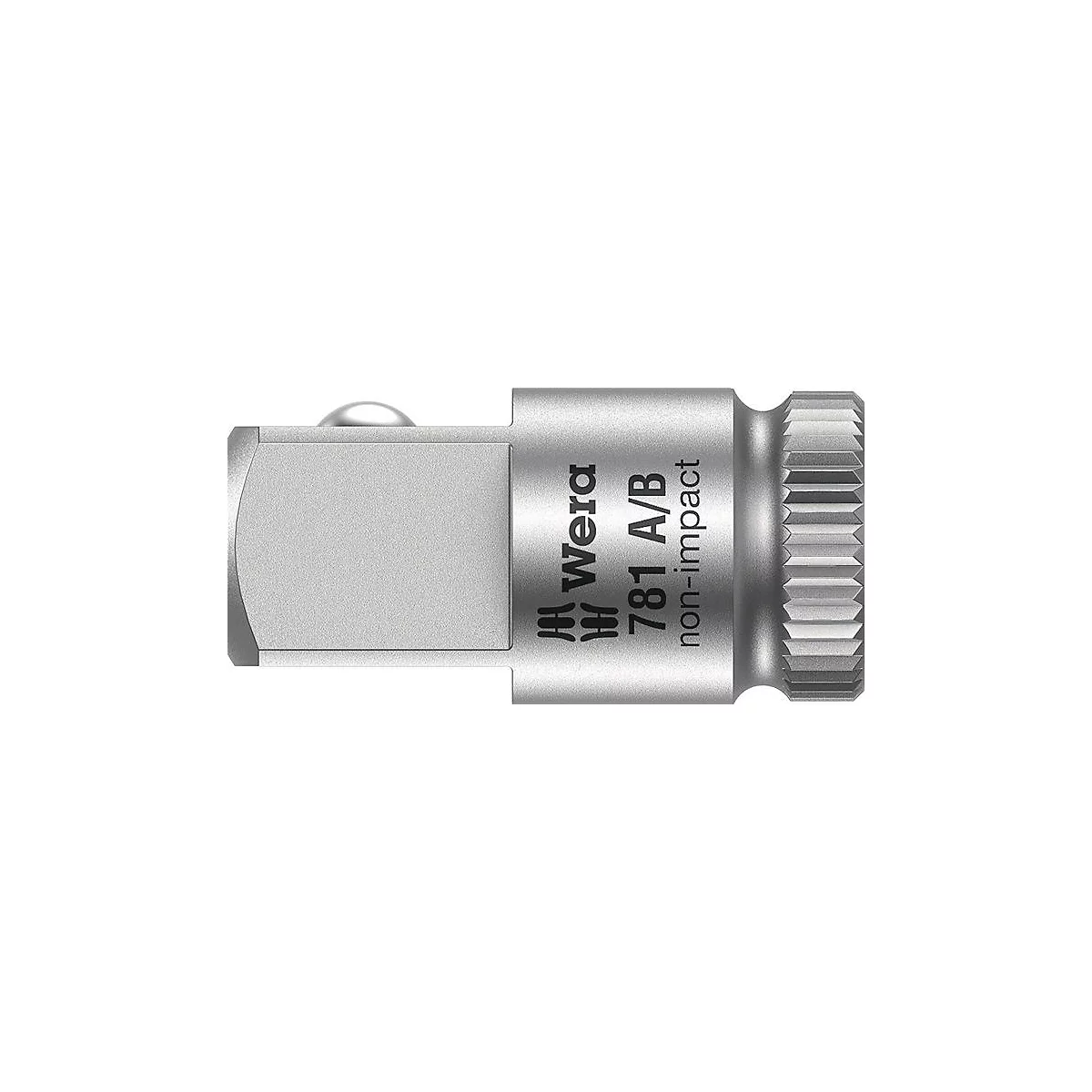 Close-up van een zilveren Wera bit adapter, met de merknaam en productaanduiding.