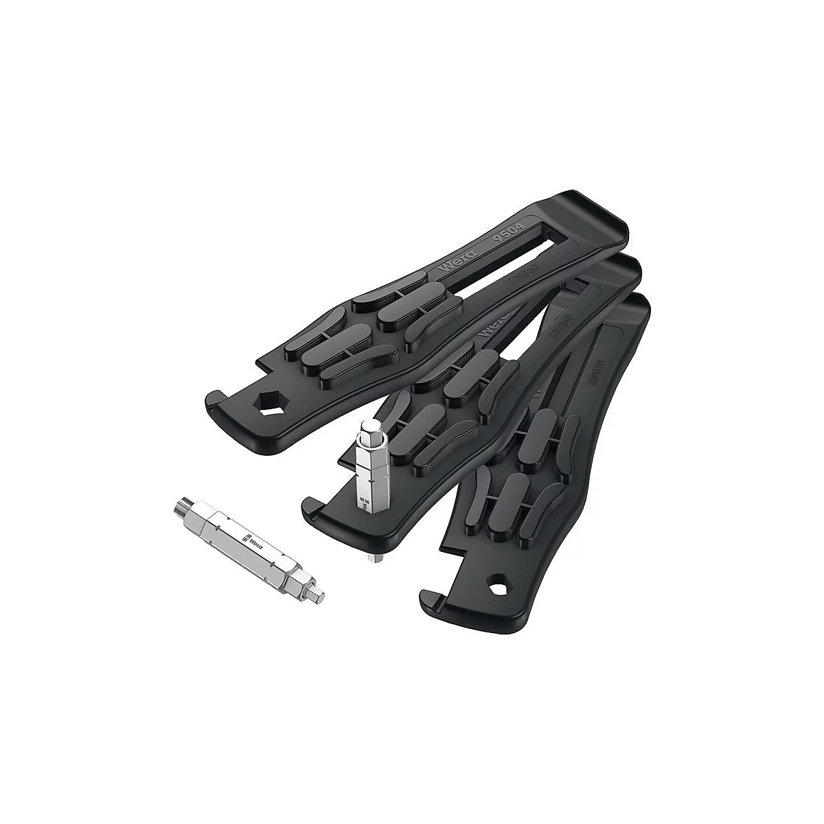 Drei schwarze Reifenmontierhebel mit rutschfester Oberfläche und ein silbernes Werkzeug mit Sechskantanschluss.