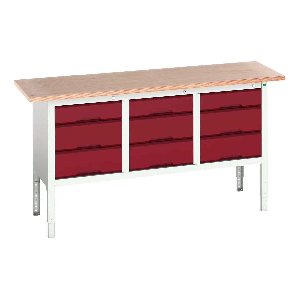 Werkbank Boot verso, met multiplex bovenblad, 9 laden, B 1750 x D 600 x H 830 - 930 mm, RAL 7035 lichtgrijs / RAL 3004 paarsrood