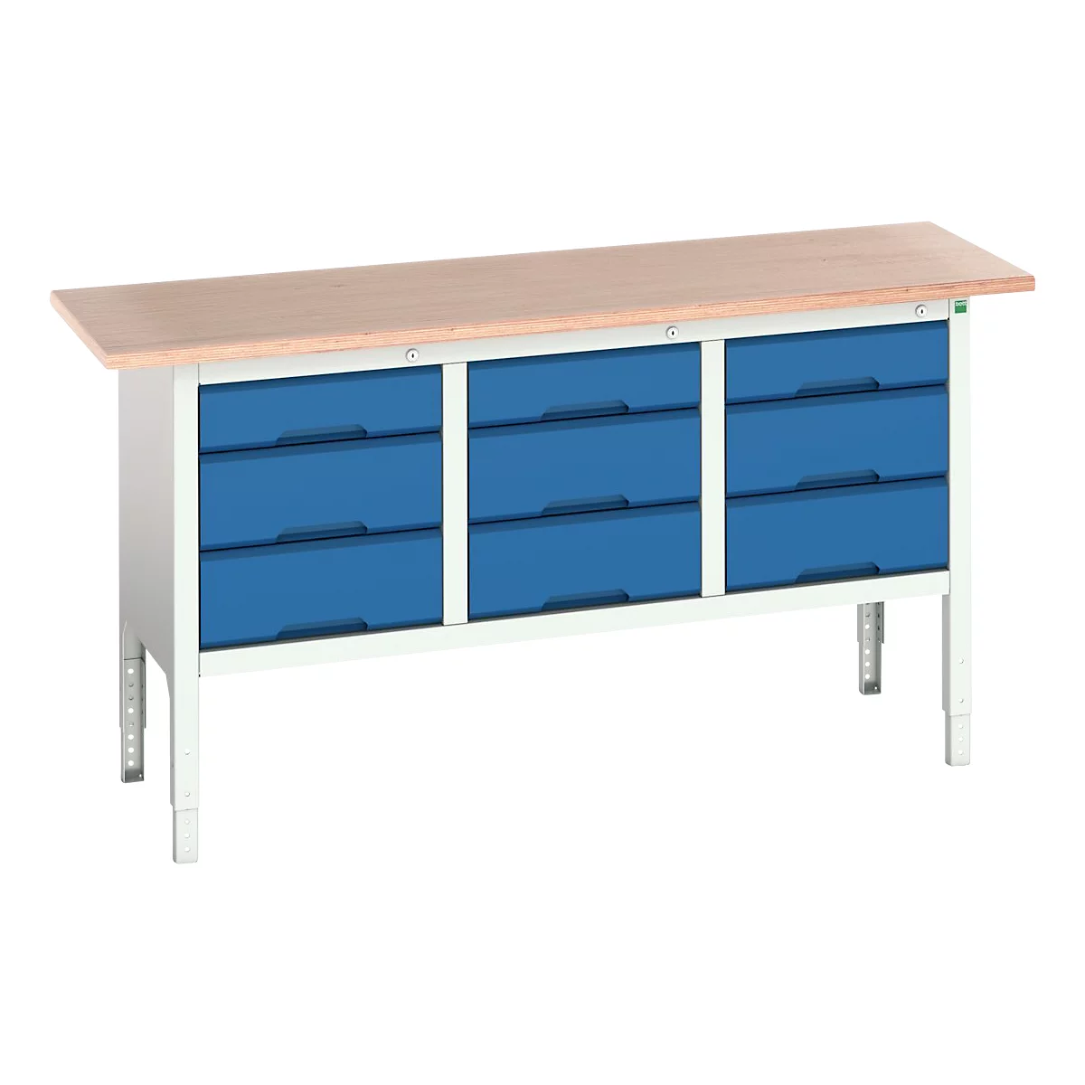 Werkbank Boot verso, met multiplex bovenblad, 9 laden, B 1750 x D 600 x H 830 - 930 mm, RAL 7035 lichtgrijs / RAL 5010 gentiaanblauw