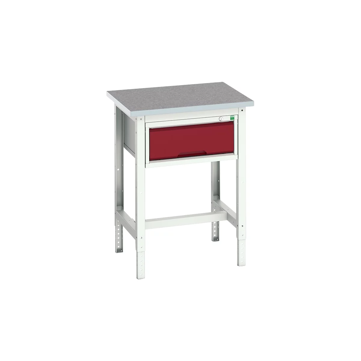 Werkbank Bott verso, Linoleum-Platte, 1 Schublade, mit Querstrebenset, B 700 x T 600 x H 780 - 930 mm, RAL 7035 Lichtgrau / Purpurrot