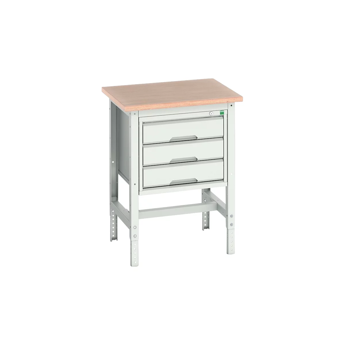 Werkbank Bott verso, Multiplex-Platte, mit Querstrebenset, 3 Schubladen, B 700 x T 600 x H 780 - 930 mm, Lichtgrau