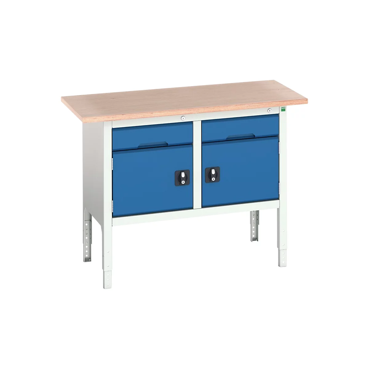 Werkbank Bott verso, multiplexplaat, 2 laden en 2 deuren, B 1500 x D 600 x H 830 - 930 mm, RAL 7035 lichtgrijs / gentiaanblauw