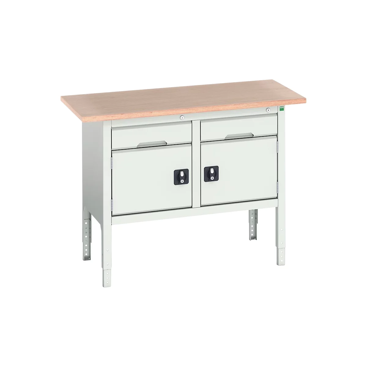 Werkbank Bott verso, multiplexplaat, 2 laden en 2 deuren, B 1500 x D 600 x H 830 - 930 mm, RAL 7035 lichtgrijs