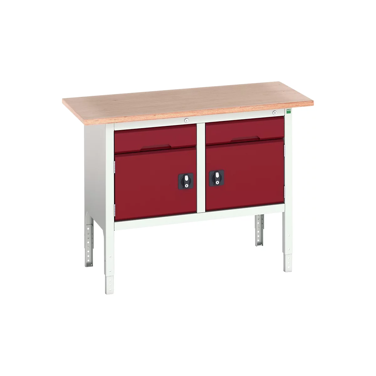 Werkbank Bott verso, multiplexplaat, 2 laden en 2 deuren, B 1500 x D 600 x H 830 - 930 mm, RAL 7035 lichtgrijs/paarsrood