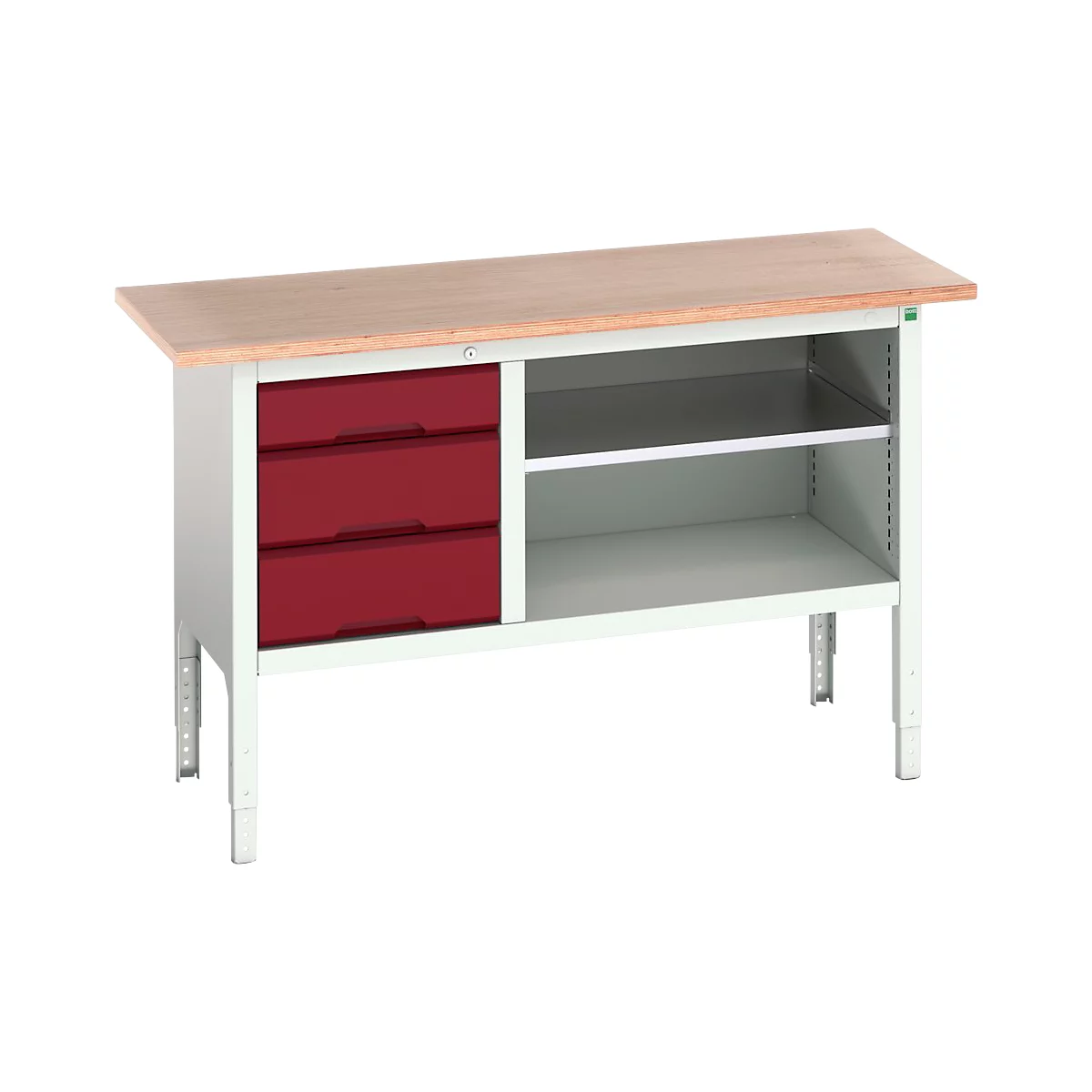 Werkbank Bott verso, multiplexplaat, 3 laden &amp; 1 legbord, B 1500 x D 600 x H 830 - 930 mm, RAL 7035 lichtgrijs / paarsrood