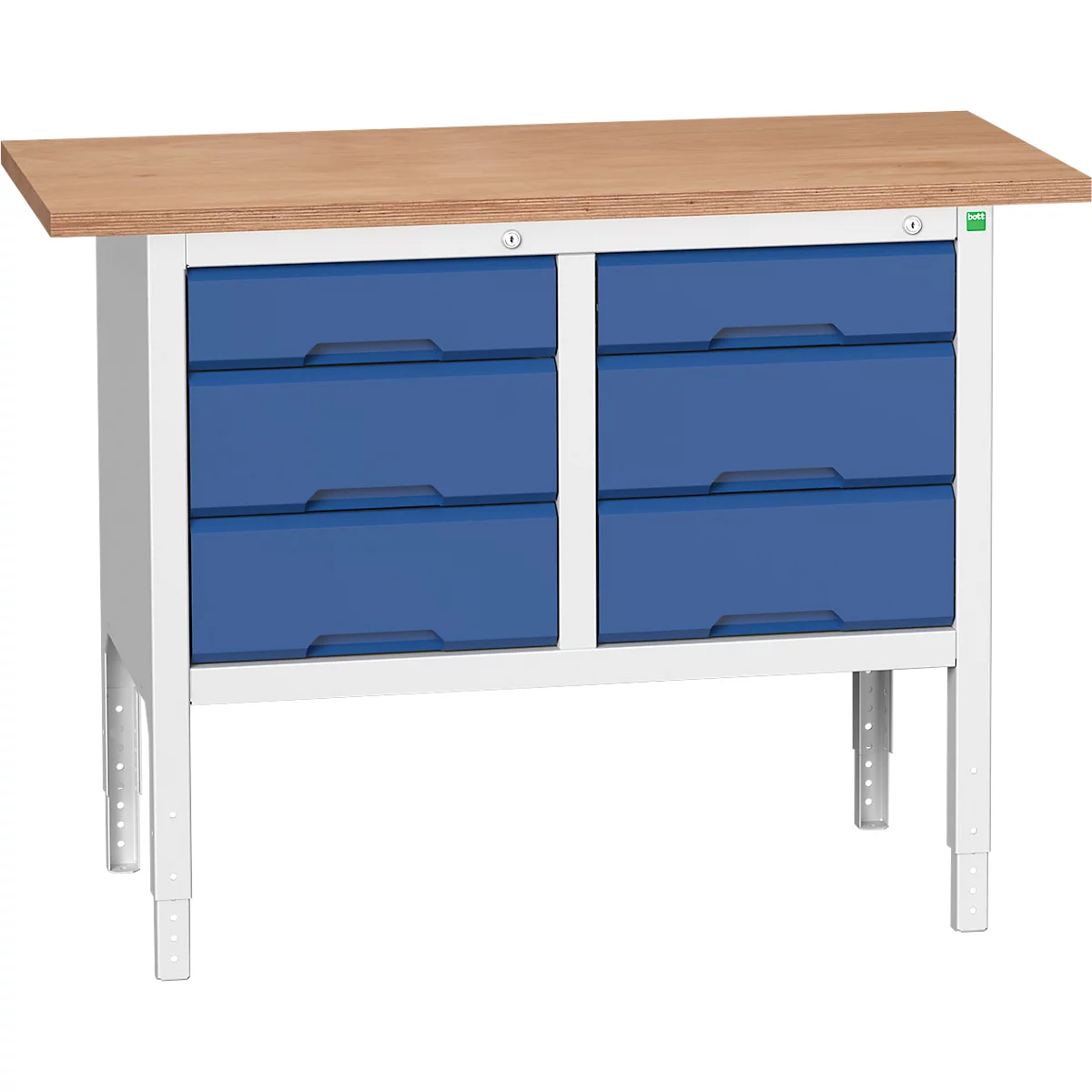 Werkbank Bott verso, multiplexplaat, 6 laden, B 1250 x D 600 x H 830 - 930 mm, RAL 7035 Lichtgrijs / Gentiaanblauw