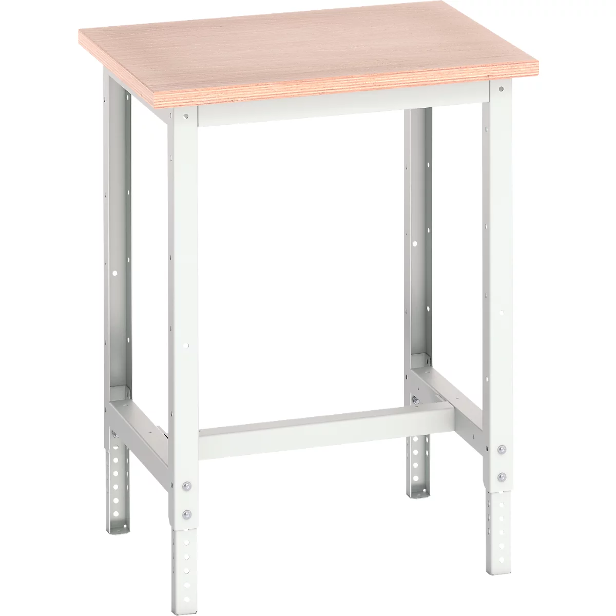 Werkbank met een lichtgekleurd houten blad en een lichtgrijs metalen frame.