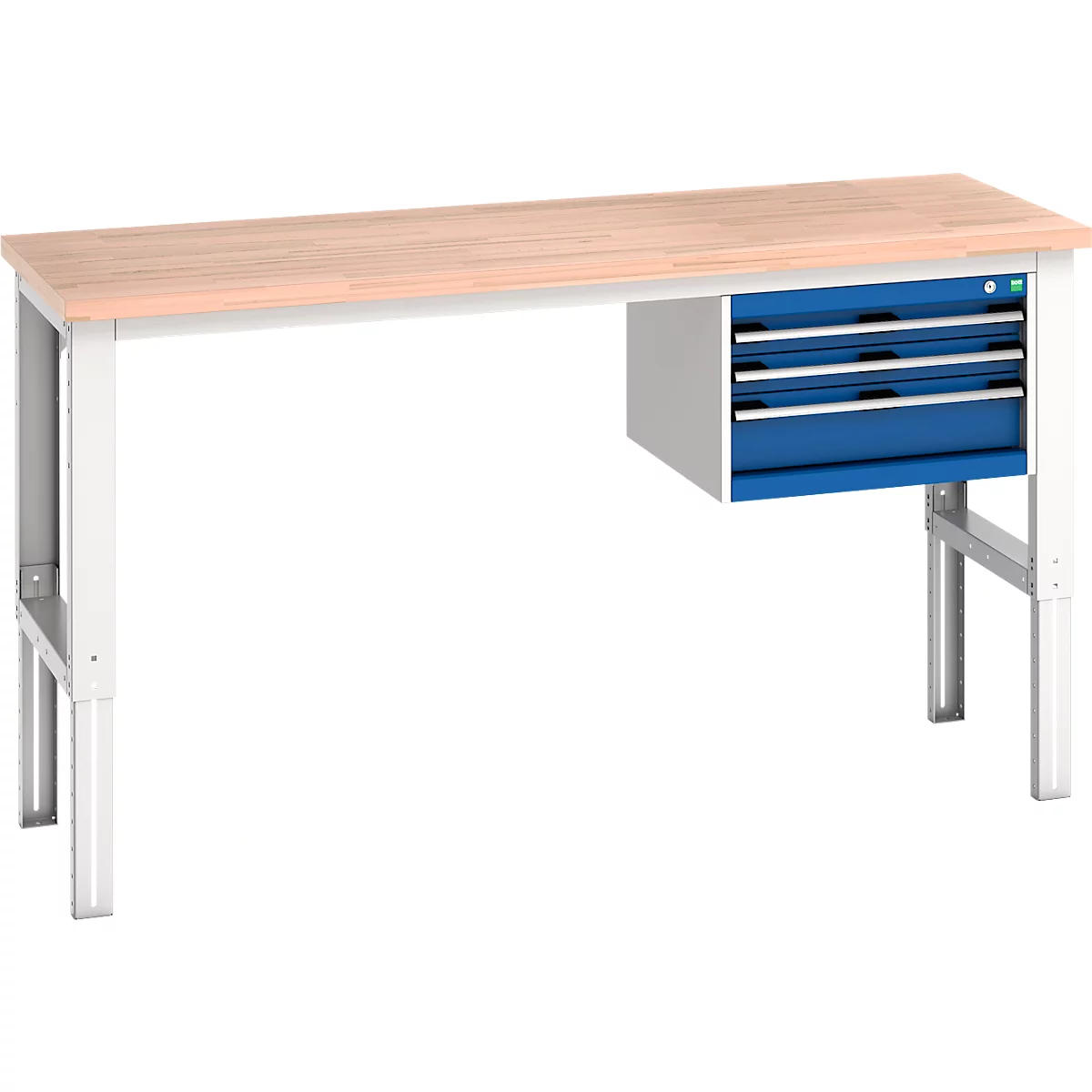 Werkbank met houten blad, wit frame en blauwe laden.