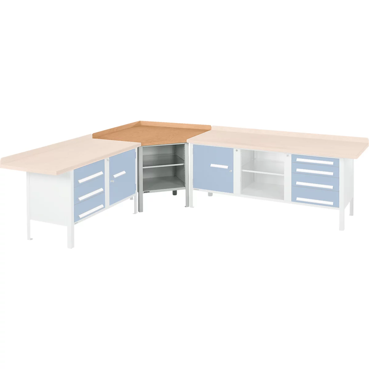Werkbank-Ecklösung Schäfer Shop Select PWi 75, Buche Multiplexplatte, bis 750 kg, B 1095 x T 1095 x H 840 mm