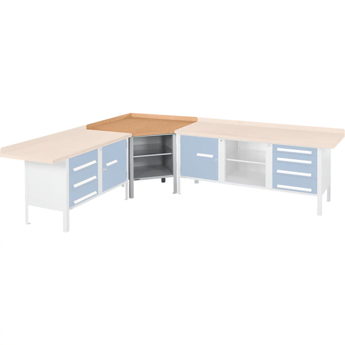 Werkbank-Ecklösung Schäfer Shop Select PWi 75, Buche Multiplexplatte, bis 750 kg, B 1095 x T 1095 x H 840 mm