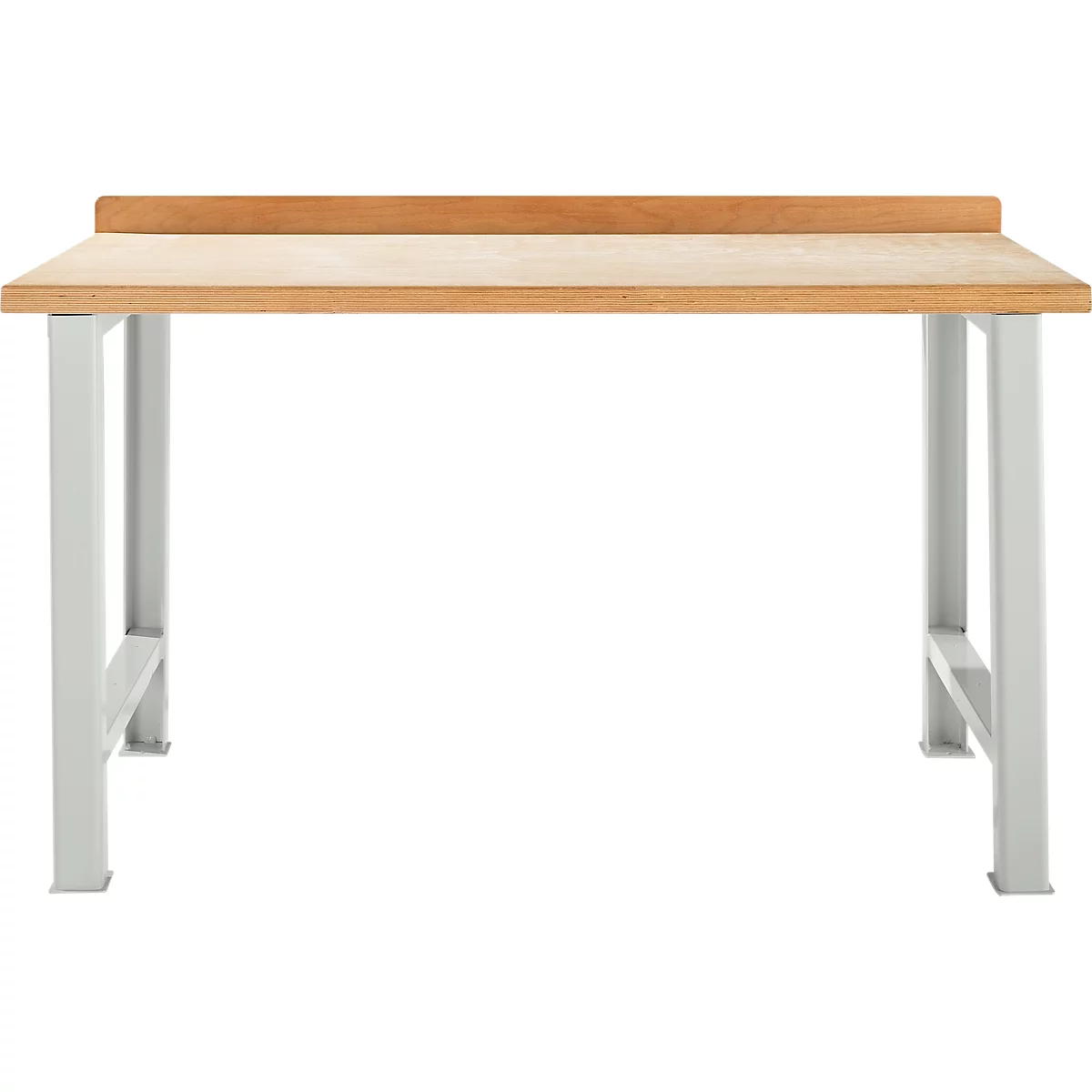 Werkbank mit heller Holzplatte und grauen Metallbeinen, vor weißem Hintergrund.