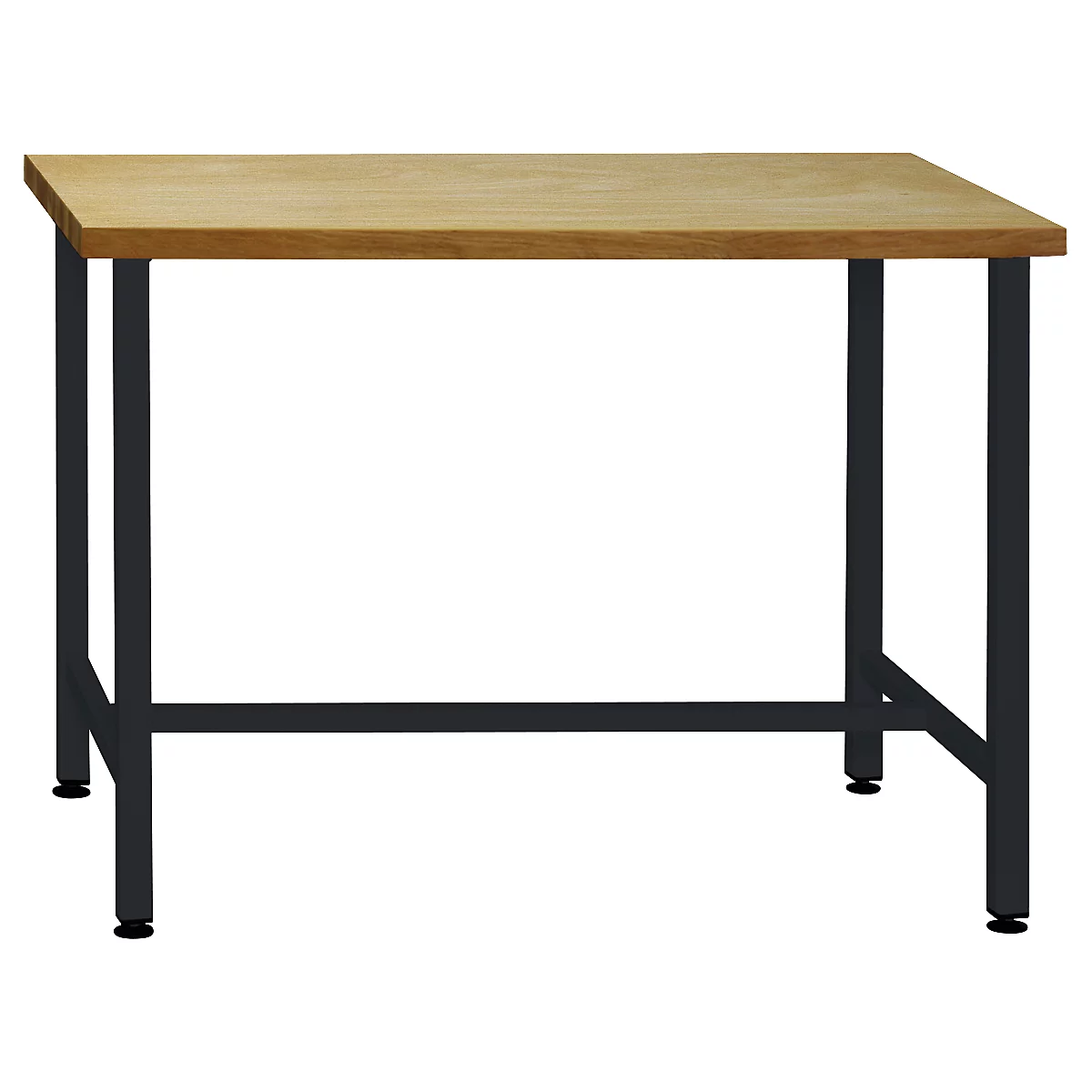 Ein quadratischer Holztisch mit schwarzen Metallbeinen. Die Tischplatte ist hellbraun, die Beine und die Unterkonstruktion sind schwarz.