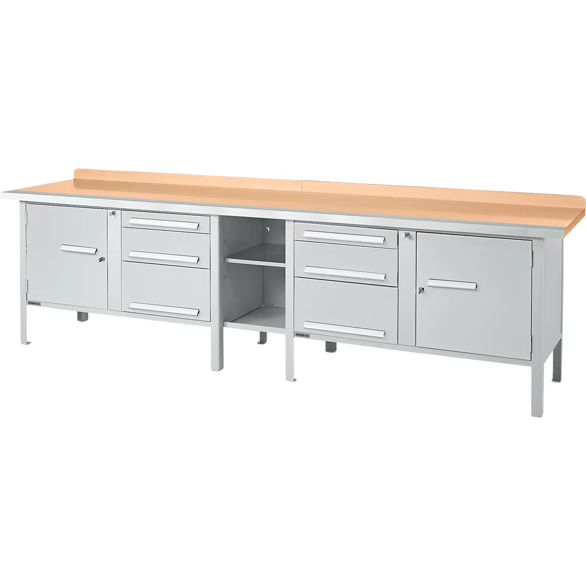 Werkbank in kastuitvoering Schäfer Shop Select PWi 300-2, beuken multiplexplaat, met stalen rand, tot 750 kg, B 3000 x D 700 x H 840 mm, wit aluminium