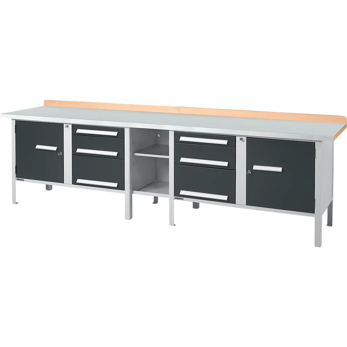 Werkbank in kastuitvoering Schäfer Shop Select PWi 300-2, ESD, beuken multiplexplaat, met stalen deksel, tot 750 kg, B 3000 x D 700 x H 840 mm, antraciet/aluminium