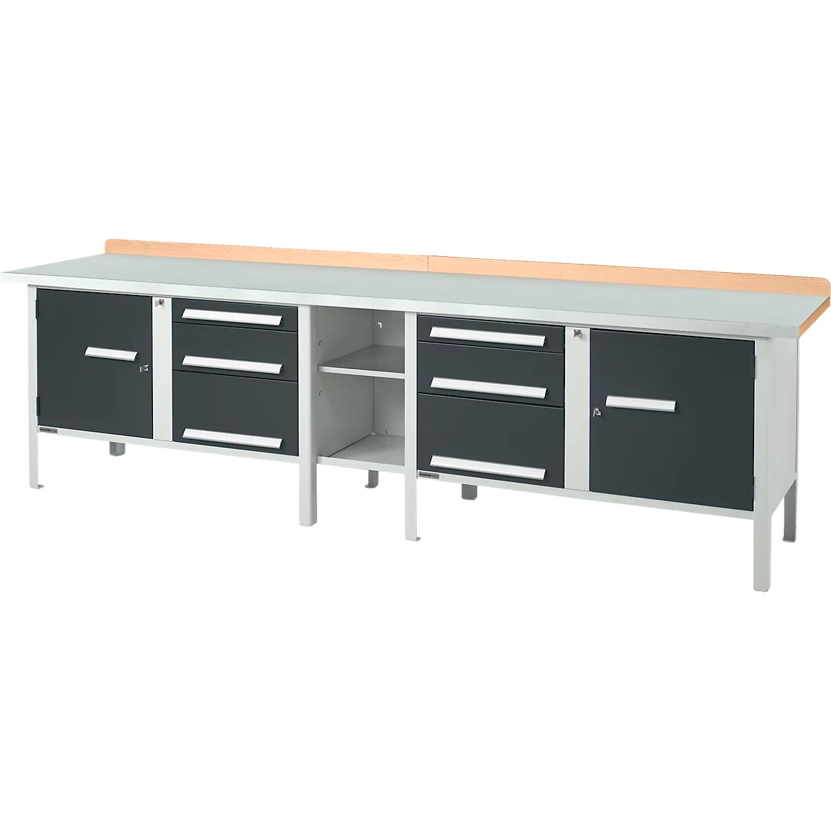 Werkbank in kastuitvoering Schäfer Shop Select PWi 300-2, ESD, beuken multiplexplaat, met stalen deksel, tot 750 kg, B 3000 x D 700 x H 840 mm, antraciet/lichtgrijs