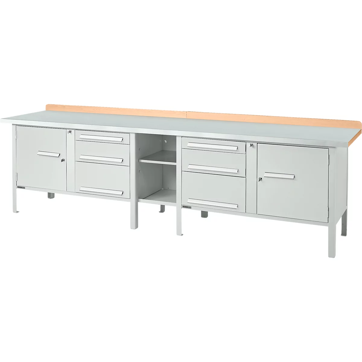 Werkbank in kastuitvoering Schäfer Shop Select PWi 300-2, ESD, beuken multiplexplaat, met stalen deksel, tot 750 kg, B 3000 x D 700 x H 840 mm, lichtgrijs