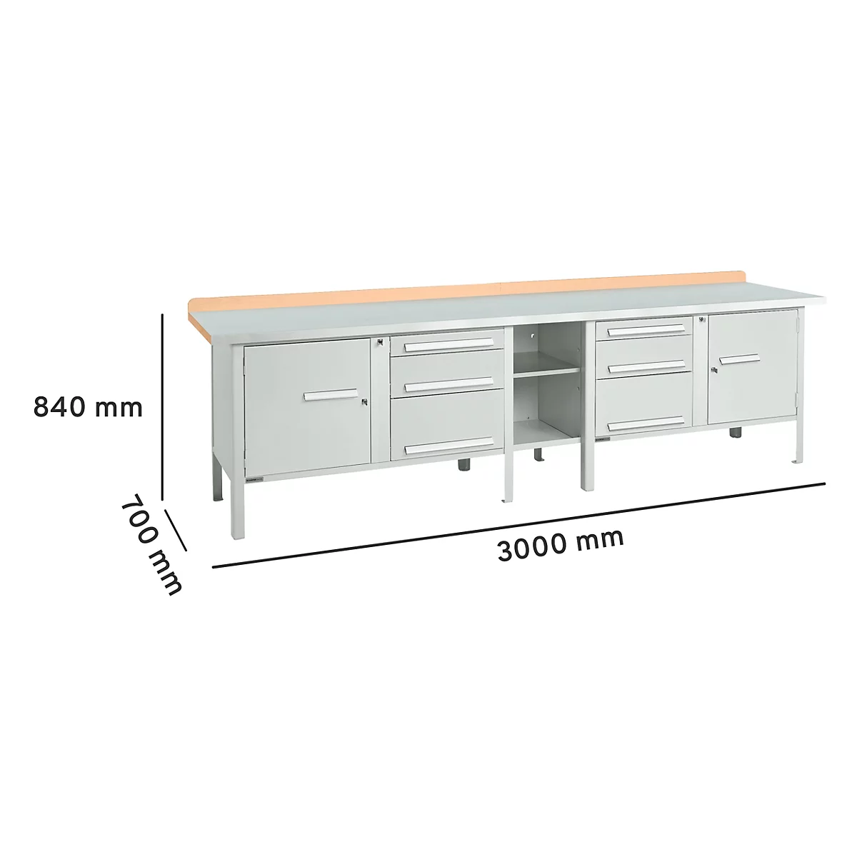 Werkbank met laden en deuren, afmetingen: 3000 x 840 x 700 mm.