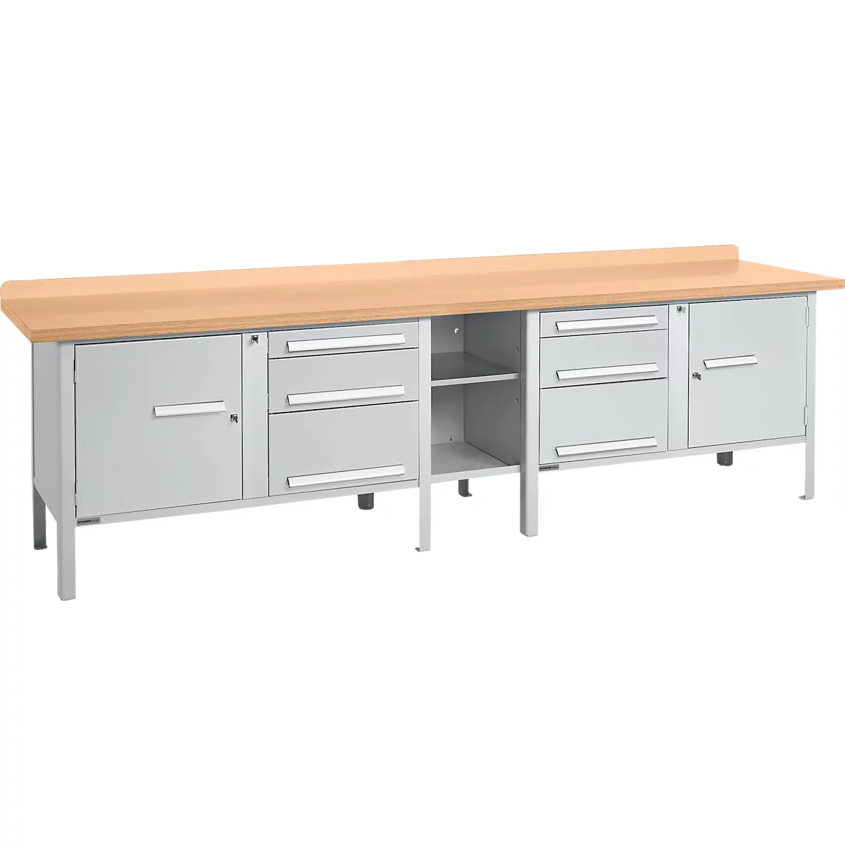 Werkbank in kistuitvoering Schäfer Shop Select PWi 300-2, beuken multiplexplaat, tot 750 kg, B 3000 x D 700 x H 840 mm, alu wit