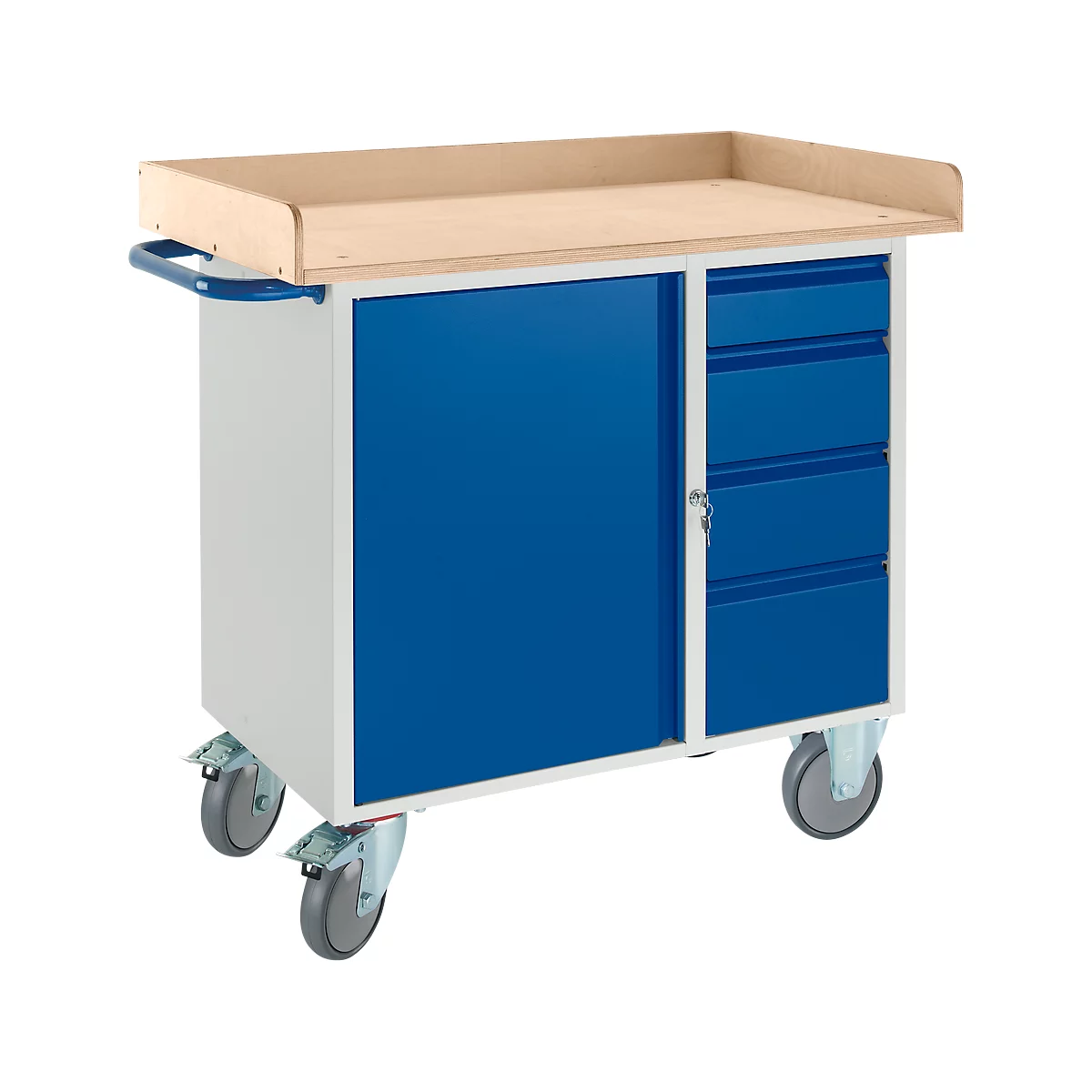 Werkbank met kast, 3-zijdige houten omranding, 2 zwenkwielen/2 bokwielen
