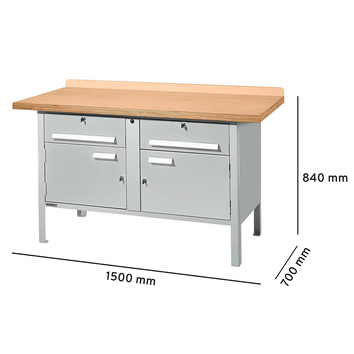 Werkbank met houten blad, lichtgrijze kast en laden. Afmetingen zijn aangegeven.